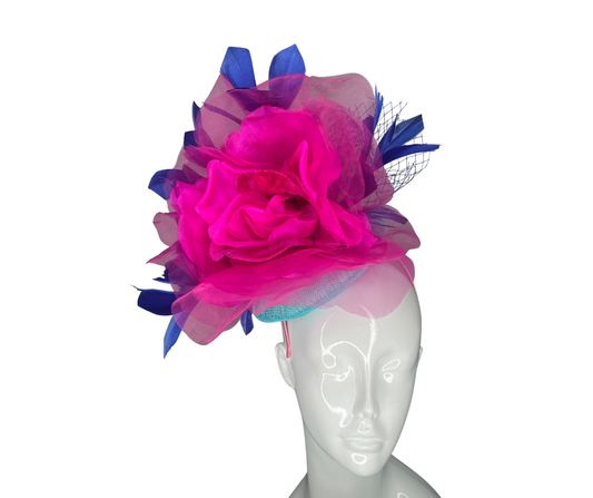 Fuchsia and Navy Statement Fascinator with Oversized Floral and Mesh Accents