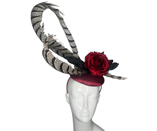 Elegant Fascinator Hat with Dramatic Feathers and Red Rose Accent