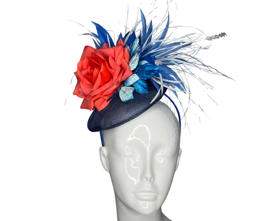 Midnight Bloom Fascinator  Navy and Coral Floral Statement Headpiece