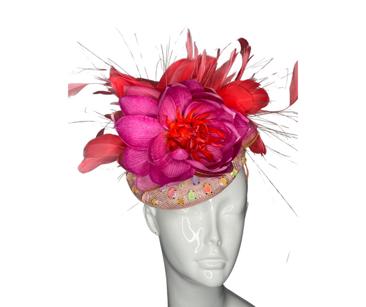 Bold Bloom Crystal-Embellished Fascinator Coral and Fuchsia Statement Headpiece"