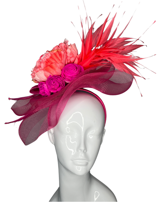 Raspberry Swirl Fascinator with Coral Bloom and Scarlet Feather Burst