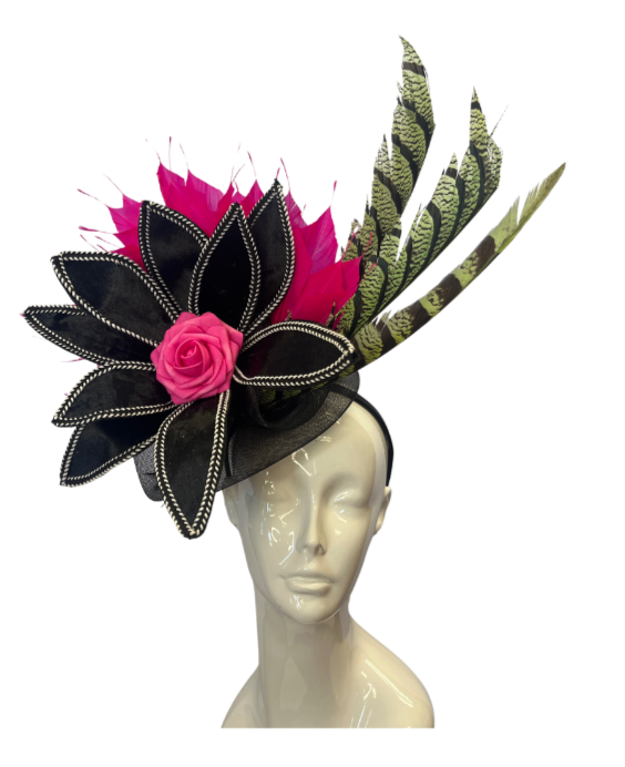 Black, Hot Pink, and Green Pheasant Feather Fascinator Hat