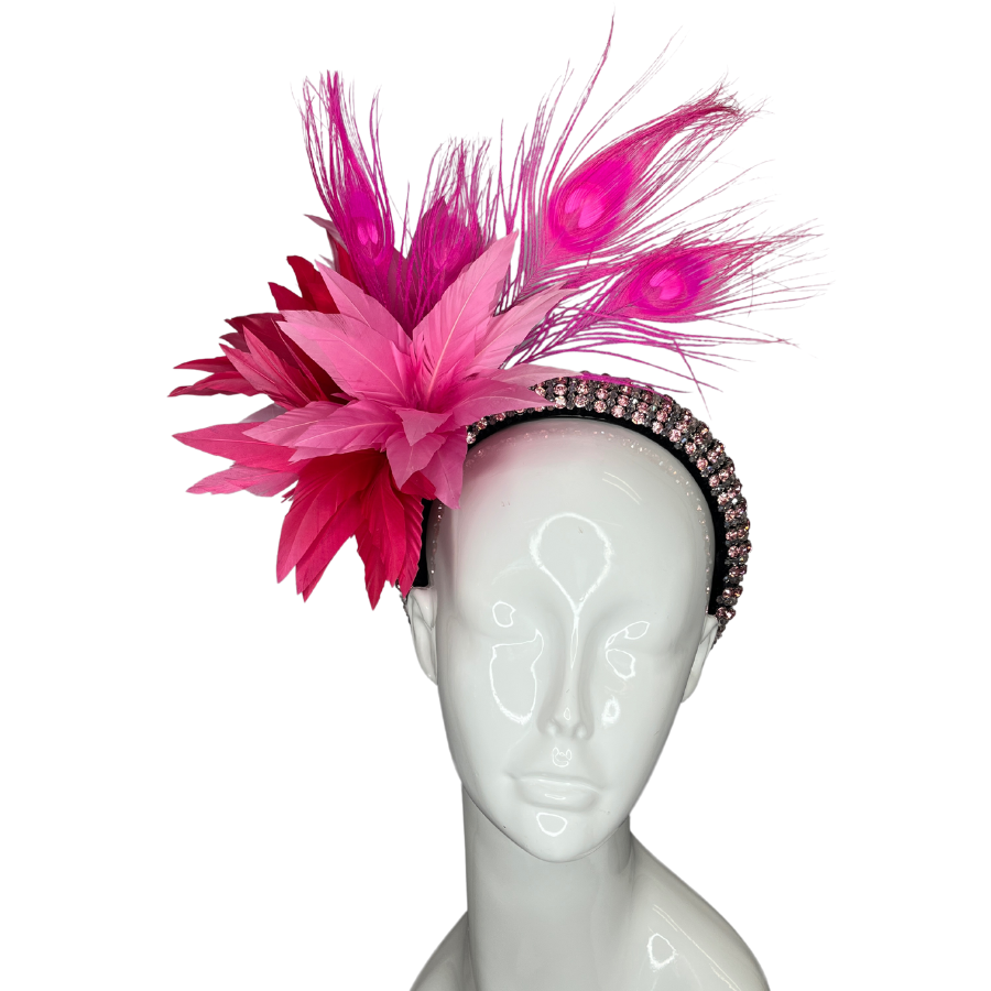 Pink Jeweled Headband with Pink Feathers Fascinator Hat