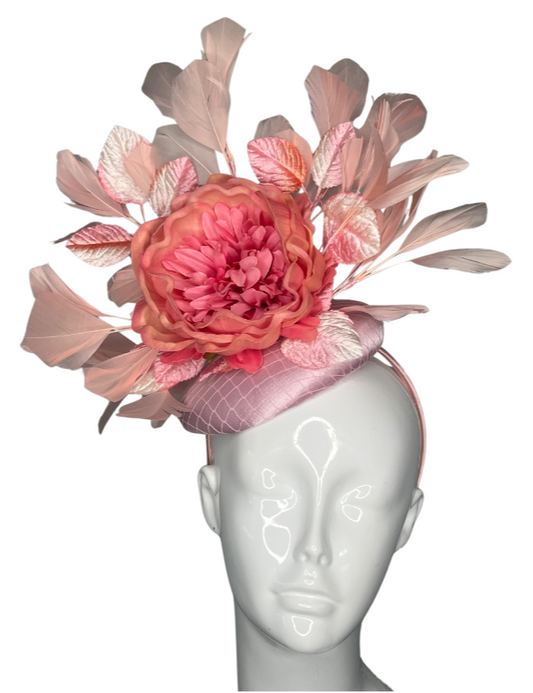 Blush Pink Floral Fascinator  Elegant Statement Hat with Feathers and Bloom