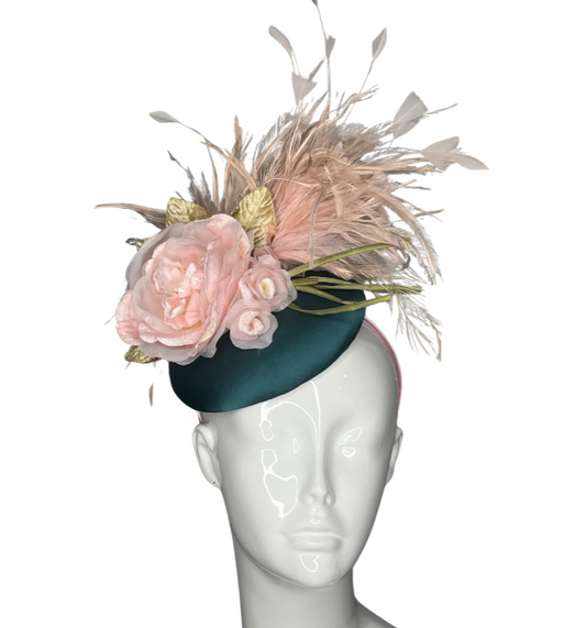 Deep Teal & Blush Pink Fascinator – Derby Hat, Wedding Headpiece, Elegant Millinery