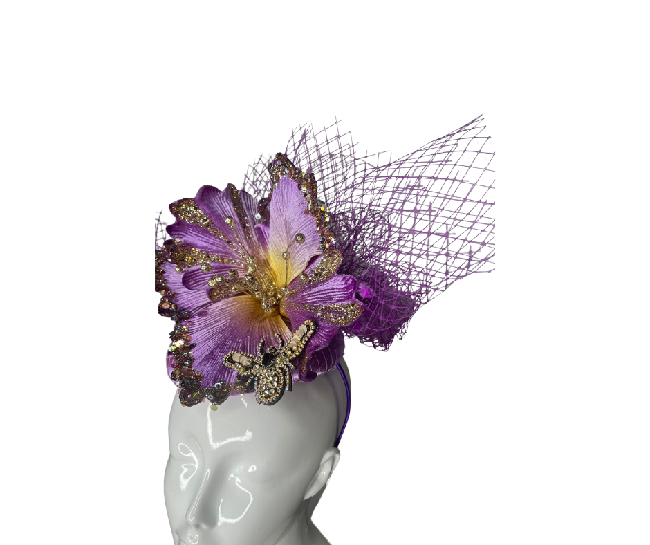 Luxury Purple Fascinator with Crystal-Embellished Flower & Veil – Elegant Derby, Wedding, Tea Party Hat