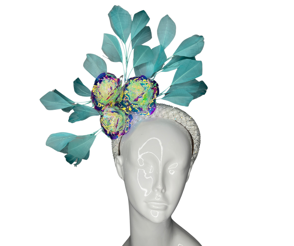 Mint Mirage Fascinator – Iridescent Floral & Feather Headpiece