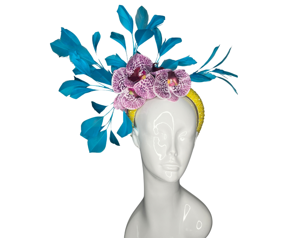 Vibrant Orchid & Blue Feather Fascinator – Derby Hat, Wedding Headpiece, Tea Party Hat