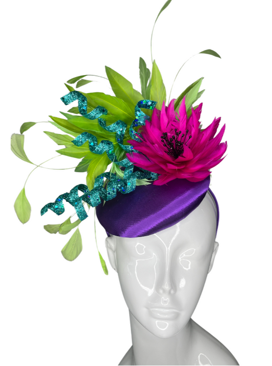 Vibrant Purple and Fuchsia Fascinator  Bold Floral and Feathered Headpiece