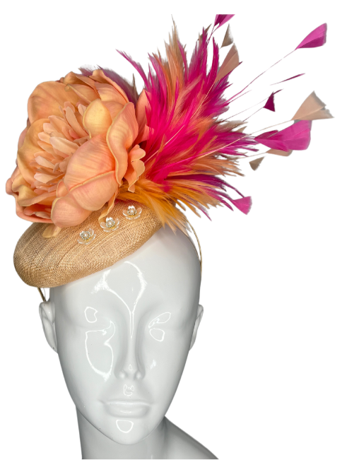 Elegant Peach and Fuchsia Feather Fascinator Hat Statement Headpiece for Weddings, Races, and Special Events