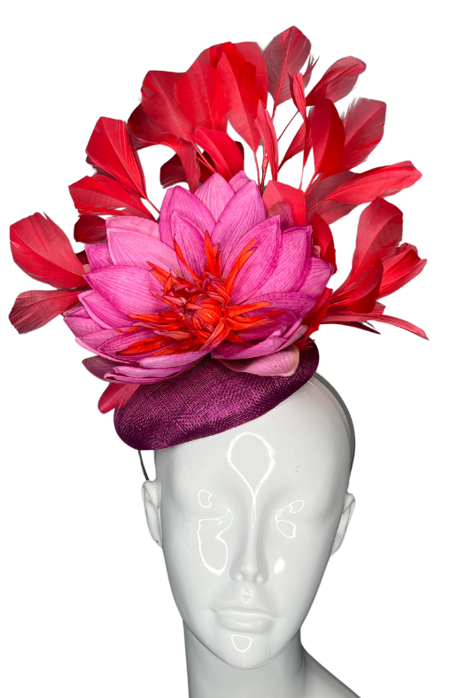 Fuchsia and Red Flame Fascinator with Oversized Bloom and Sculpted Feathers