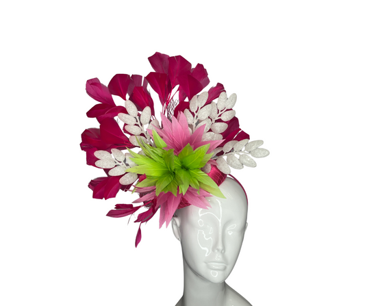 Pink, White and Green Feathers Fascinator Hat