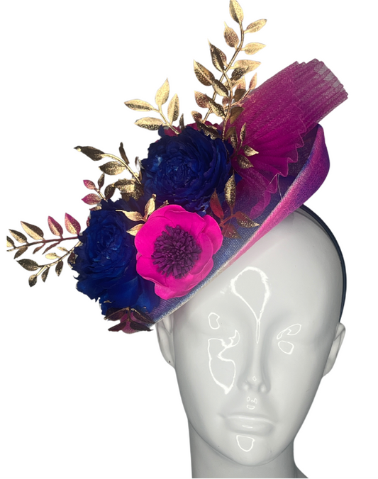 Midnight Bloom Fuchsia and Navy Fascinator with Gold Accents