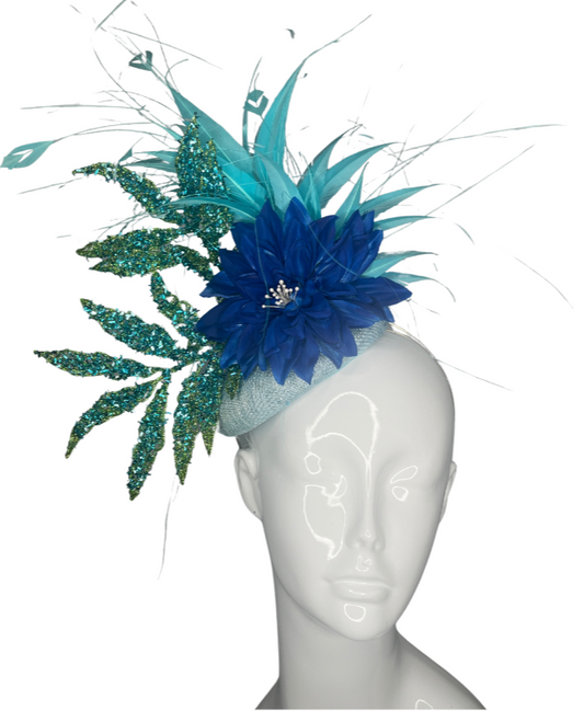 Turquoise and Royal Blue Fascinator with Glittered Leaves and Feather Spray