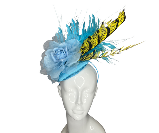 Blue Floral with Yellow Pheasant Feather Fascinator Hat