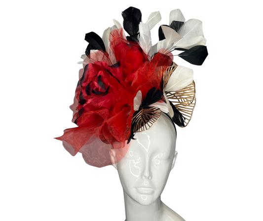 Red Rose with Black and White with Gold Fascinator Hat