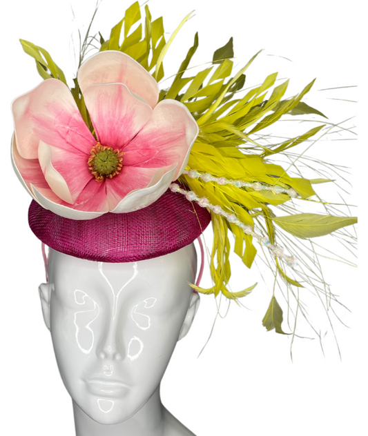 Pink & Yellow  Floral Fascinator – Handmade Derby Hat, Wedding Headpiece, Tea Party Hat