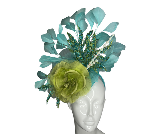 Mint Feathers and Green Floral with Blue Embellishing Fascinator Hat