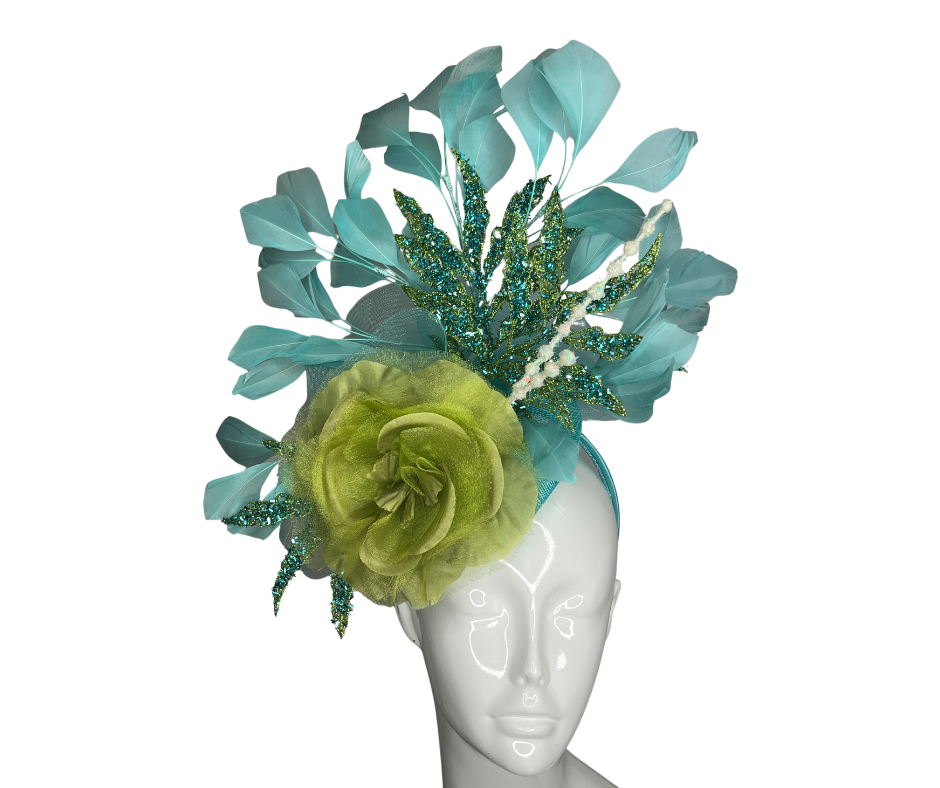 Mint Feathers and Green Floral with Blue Embellishing Fascinator Hat