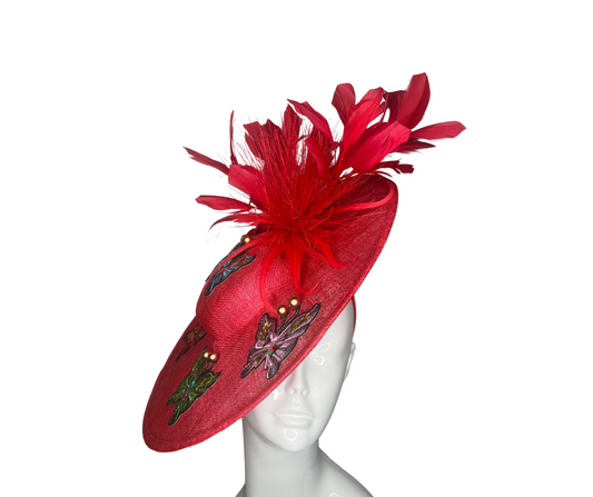 Elegant Red Butterfly Fascinator Hat  Statement Wide Brim with Feathers and  Embellished Detail