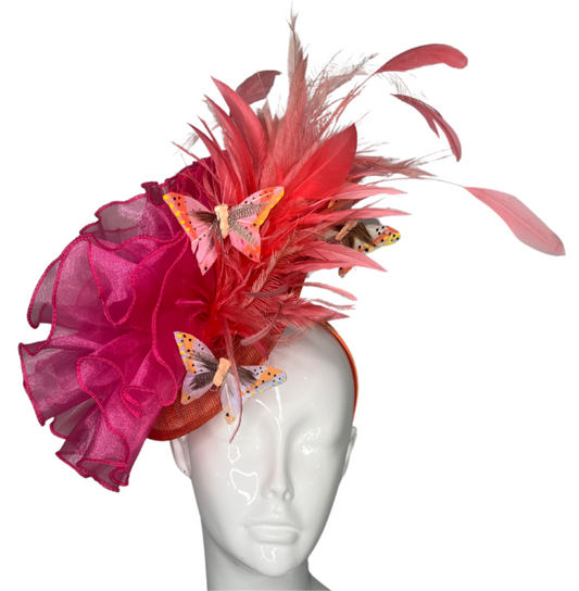 Fluttering Elegance Hot Pink and Coral Feather and Butterfly Fascinator