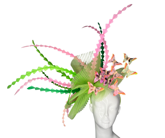 Butterfly Garden Fascinator – Whimsical Derby Headpiece with Green & Pink Accents