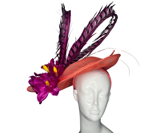 Vibrant Coral & Fuchsia Feather Fascinator Statement Headpiece for Elegant Events