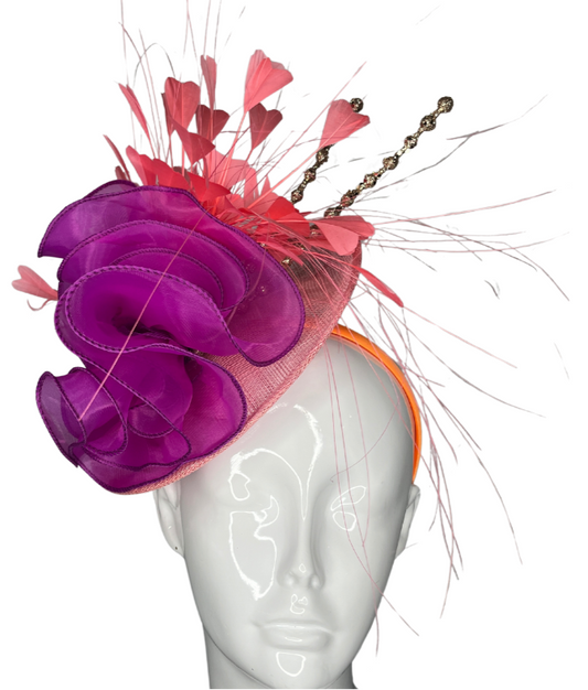 Bold Purple & Coral Fascinator – Derby Hat, Wedding Headpiece, Tea Party Hat