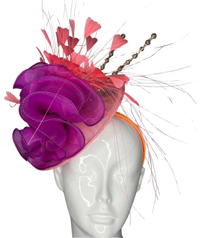 Bold Purple & Coral Fascinator – Derby Hat, Wedding Headpiece, Tea Party Hat