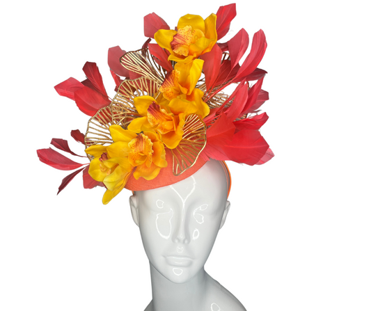 Fiery Bloom Fascinator  Statement Headpiece with Orange and Yellow Flowers with Feather Accents