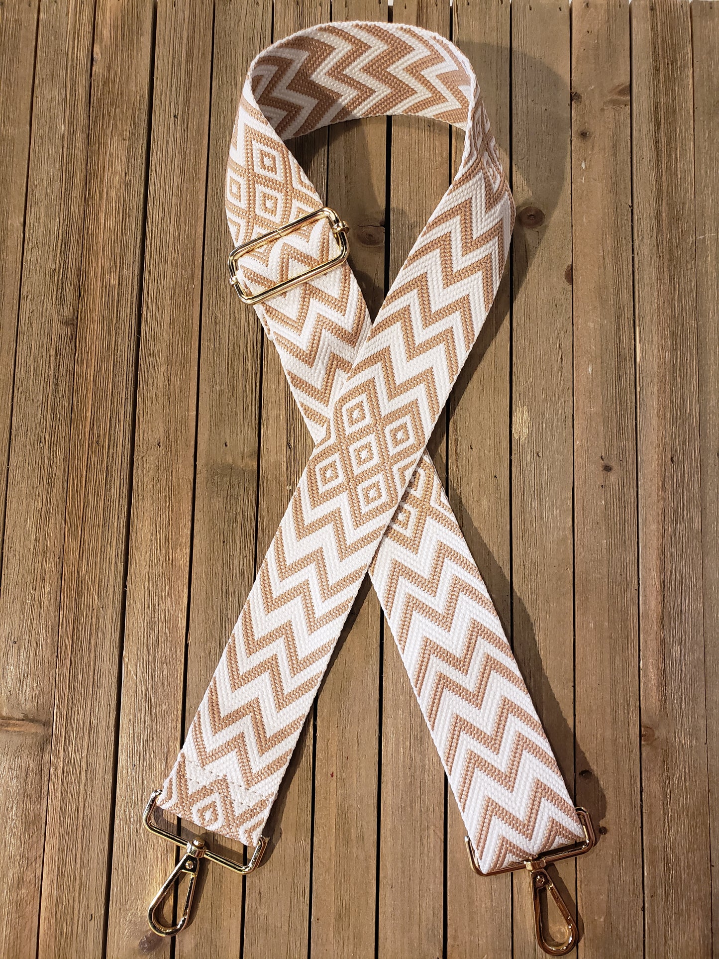 2" Adjustable Embroidered Bag Strap - Tan and White Chevron Stripes