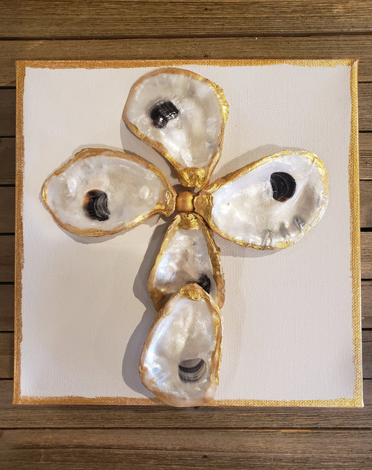 Handmade by Jane - Pearlized White Cross On White With Gold Border Canvas