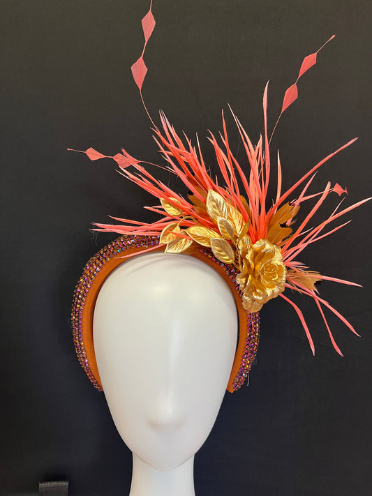 Handcrafted Coral and Brown Headband Fascinator