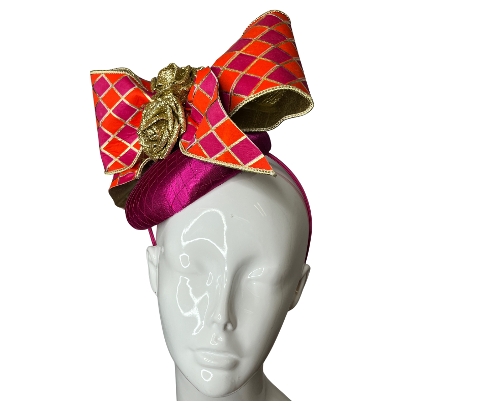 Magenta and Orange with Gold Roses Fascinator Hat