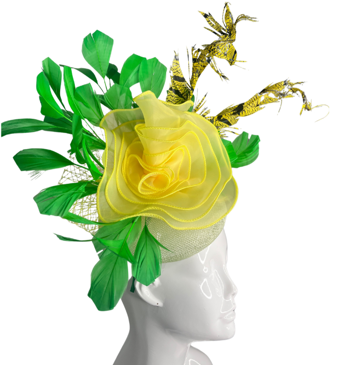 Elegant Yellow Rose Bright Green Feathers Fascinator