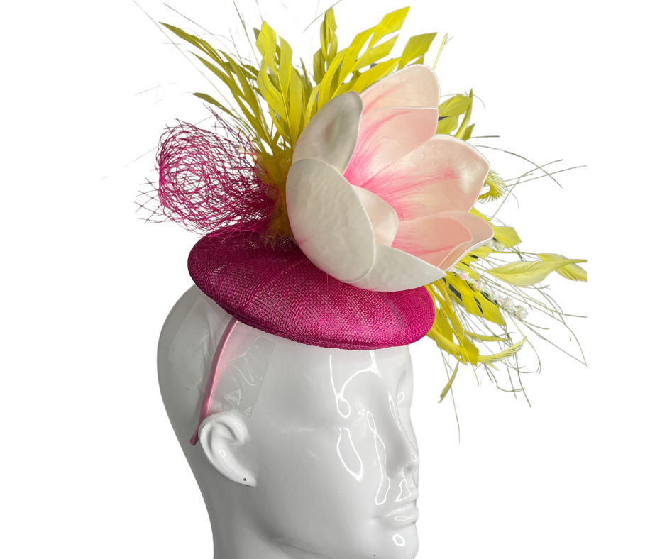 Pink & Yellow  Floral Fascinator – Handmade Derby Hat, Wedding Headpiece, Tea Party Hat