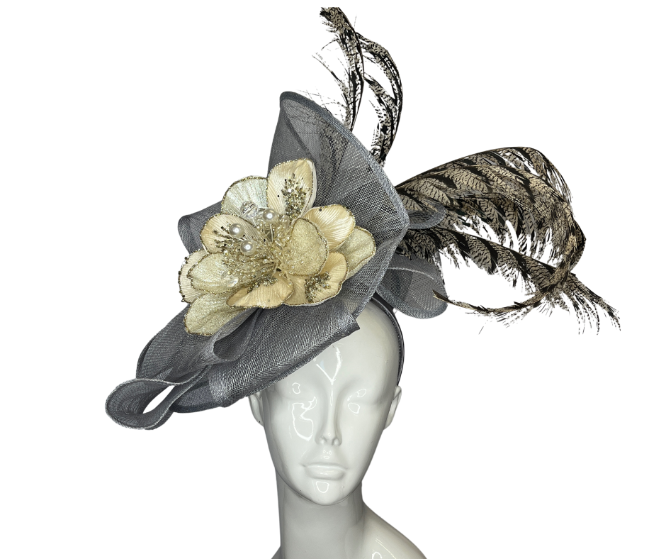 Neutral Light Slate Grey Cream Floral and Pheasant Feather Fascinator Hat