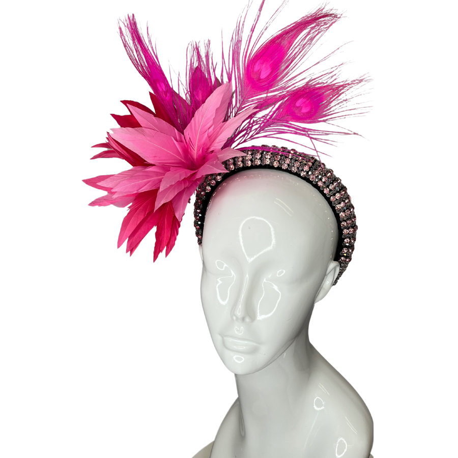 Pink Jeweled Headband with Pink Feathers Fascinator Hat