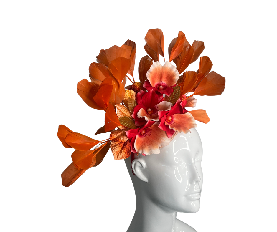 Ember Elegance Orchid and  Feather Fascinator