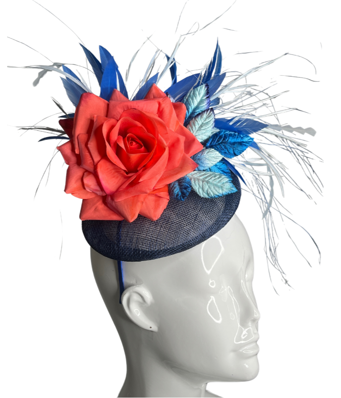 Midnight Bloom Fascinator  Navy and Coral Floral Statement Headpiece