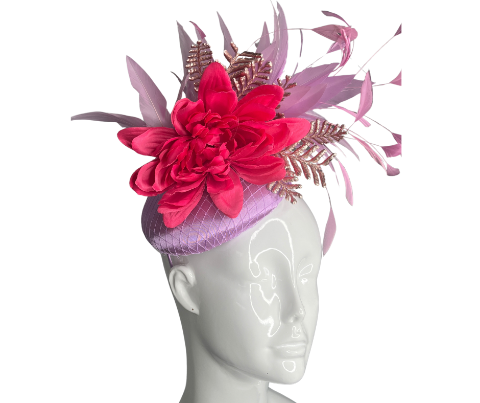 Bold Fuchsia and Lilac Statement Fascinator with Floral and Feather Accents