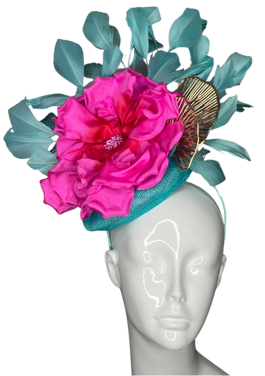 Tropical Bloom Feather Fascinator in Teal and Fuchsia