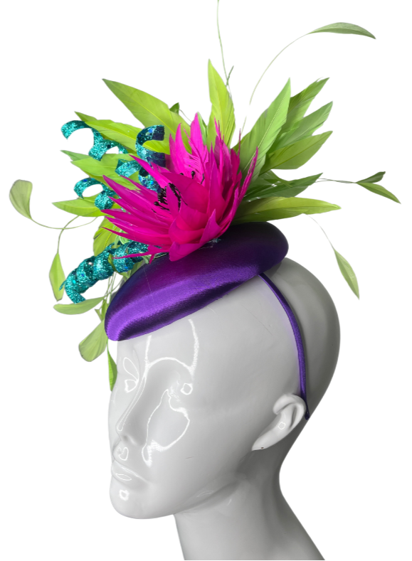 Vibrant Purple and Fuchsia Fascinator  Bold Floral and Feathered Headpiece