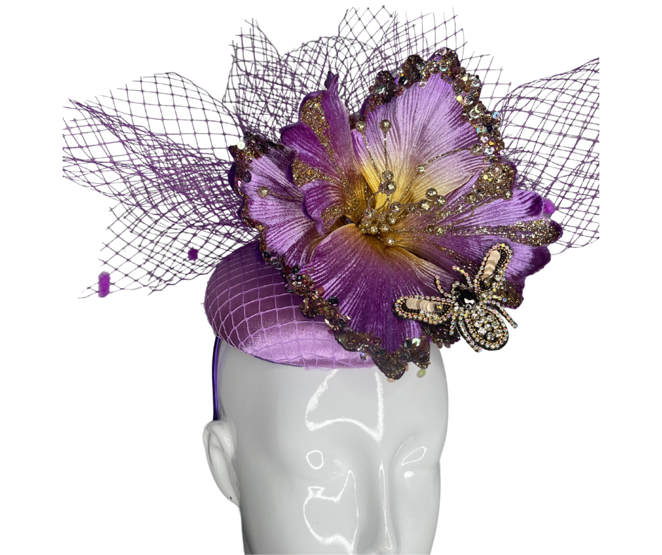 Luxury Purple Fascinator with Crystal-Embellished Flower & Veil – Elegant Derby, Wedding, Tea Party Hat