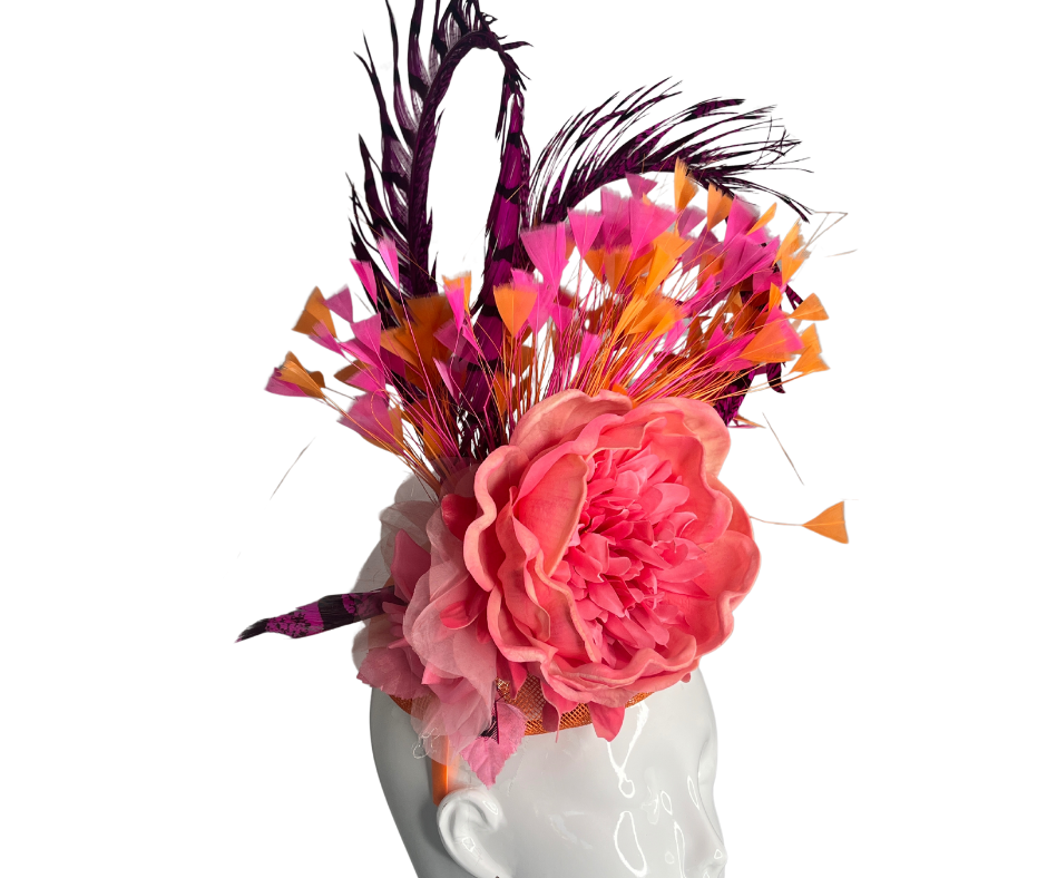 Vibrant Pink Pheasant Feathers and Orange Feathered Fascinator