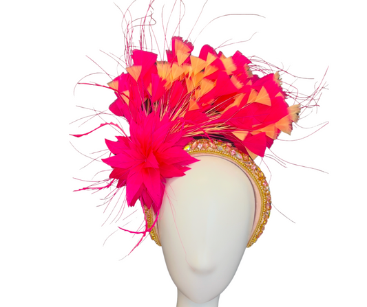 Hot Pink and Peach Feather Fascinator Headband