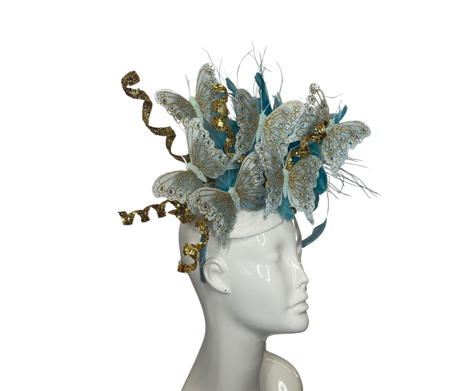 Gold and Blue Butterfly Fascinator Hat