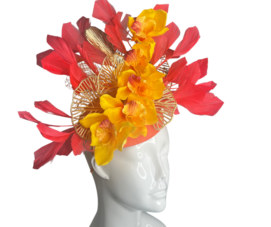 Fiery Bloom Fascinator  Statement Headpiece with Orange and Yellow Flowers with Feather Accents