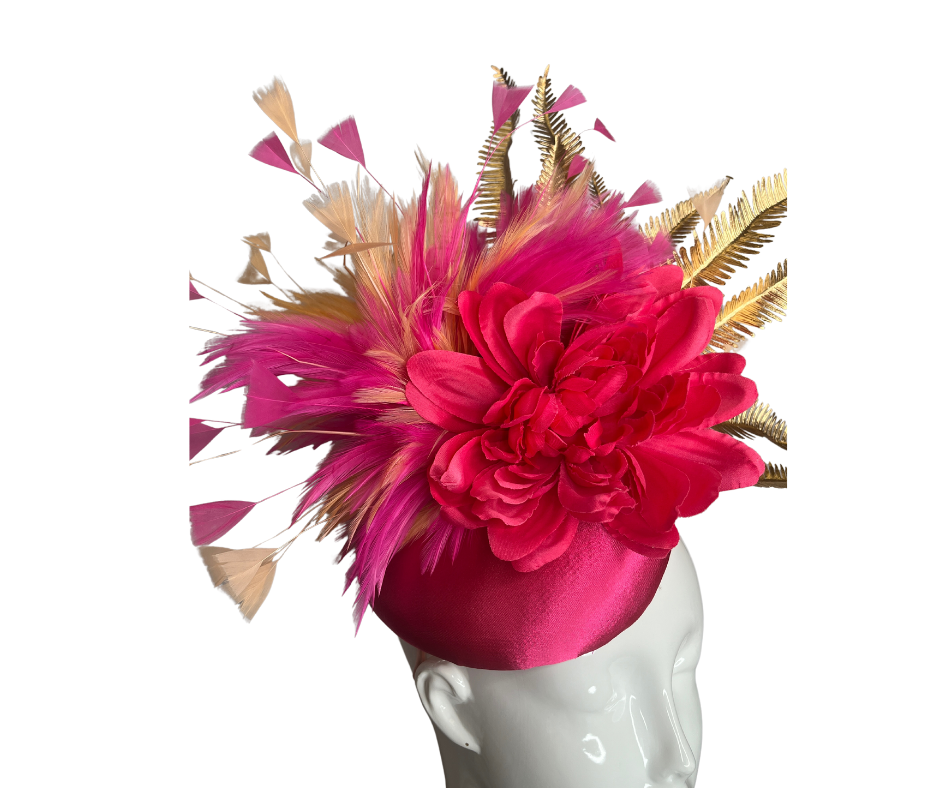 Hot Pink and Peach Feathers with Gold Embellishment Fascinator Hat