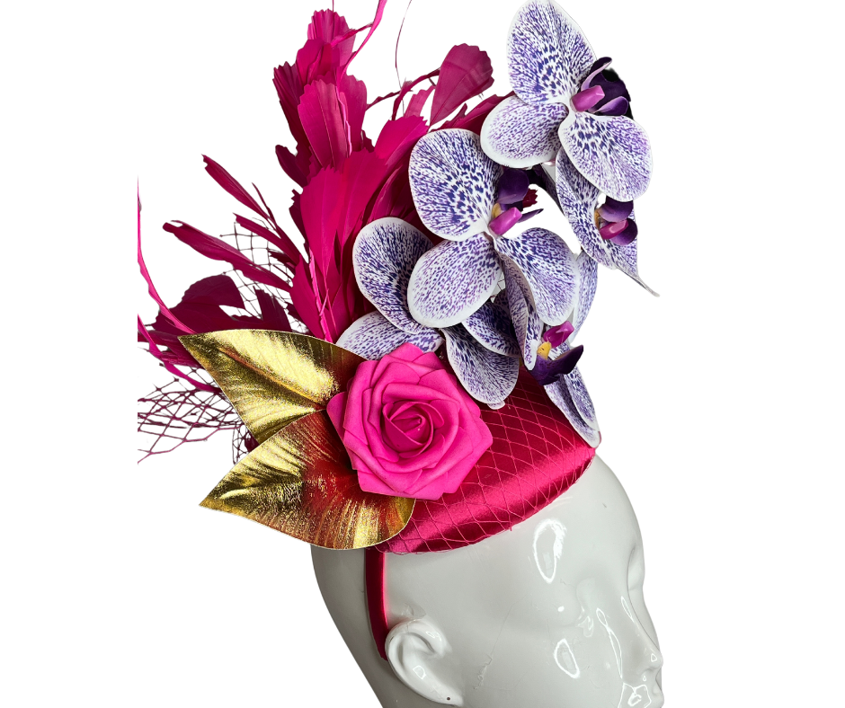 Hot Pink Feather and Purple Orchids Fascinator Hat